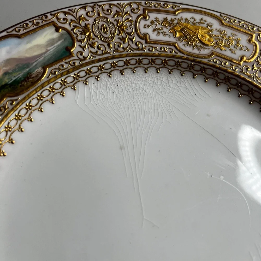 Antique Coalport Hand Painted Landscape Gold Encrusted Porcelain Cabinet Plate